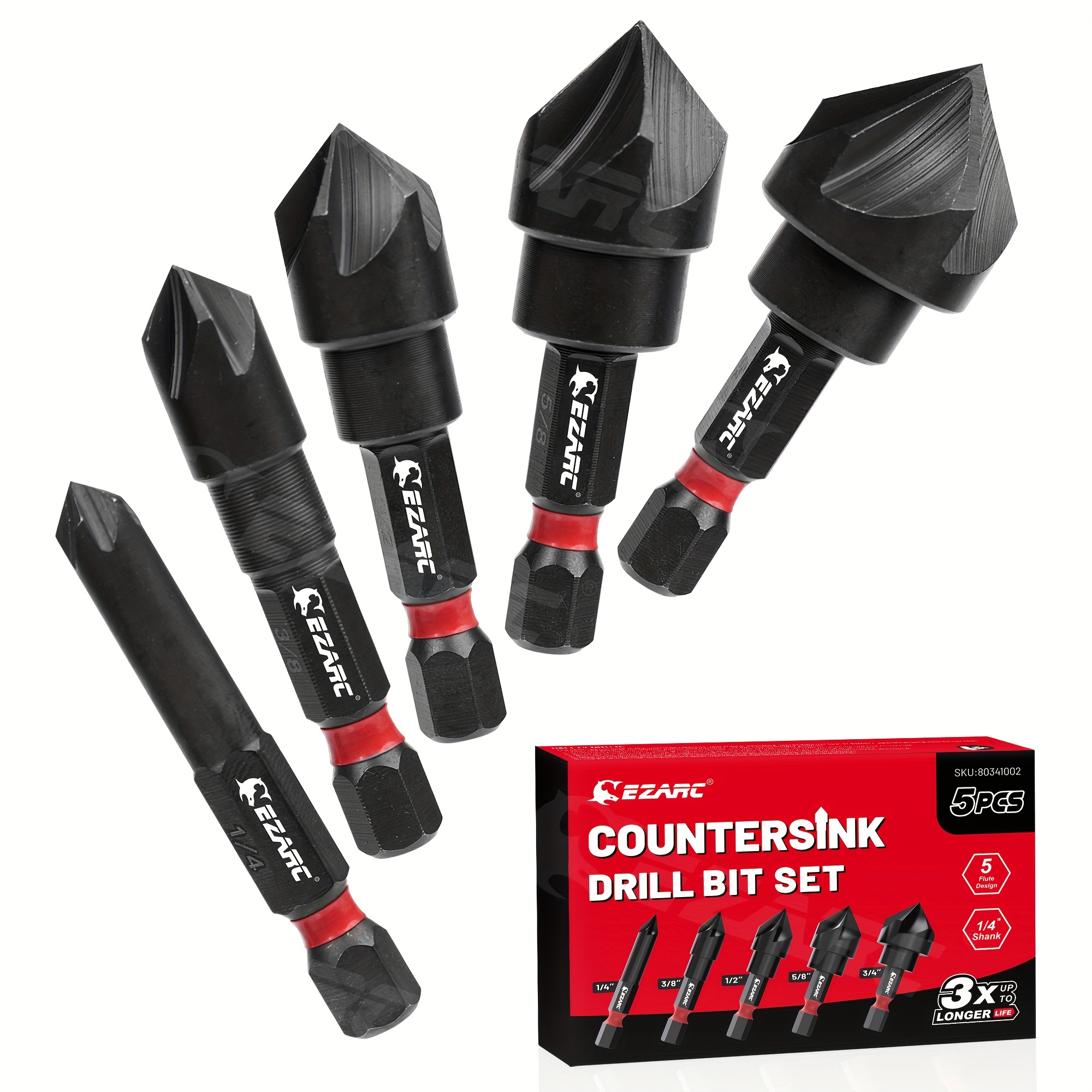 Ezarc 5pcs Countersink Drill Bits Set For Metal, 1/4 Inch Hex Shank, Countersunk Bits 82 Degree Five-flute Design, 1/4", 3/8", 1/2", 5/8", 3/4", For Countersink In Most Medium Hardness, Metals, Mild