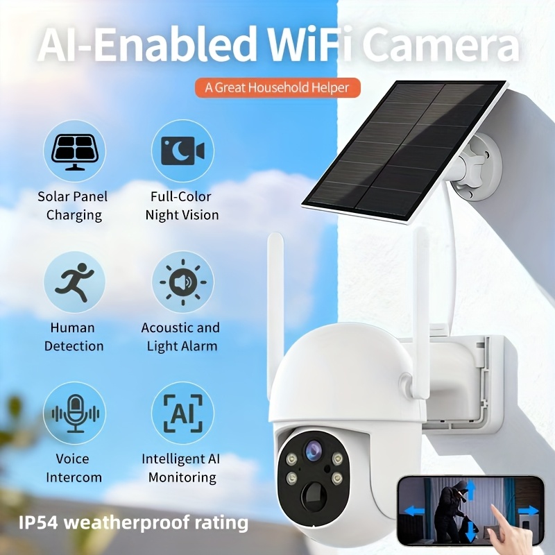 TEMU 1pc Security Surveillance Camera, High- Panel Charging, Large-capacity Battery Storage, Ai Detection, Audible & Visual Alarms, Pan/tilt Control