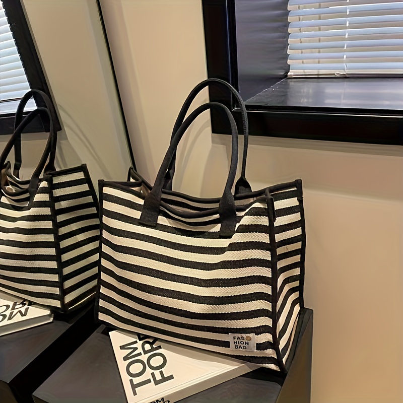 TEMU Striped Tote Bag For Women, Large Capacity Shoulder Handbag With Wristlet, Zipper Closure, Edge Paint, Commuter Bag - Black