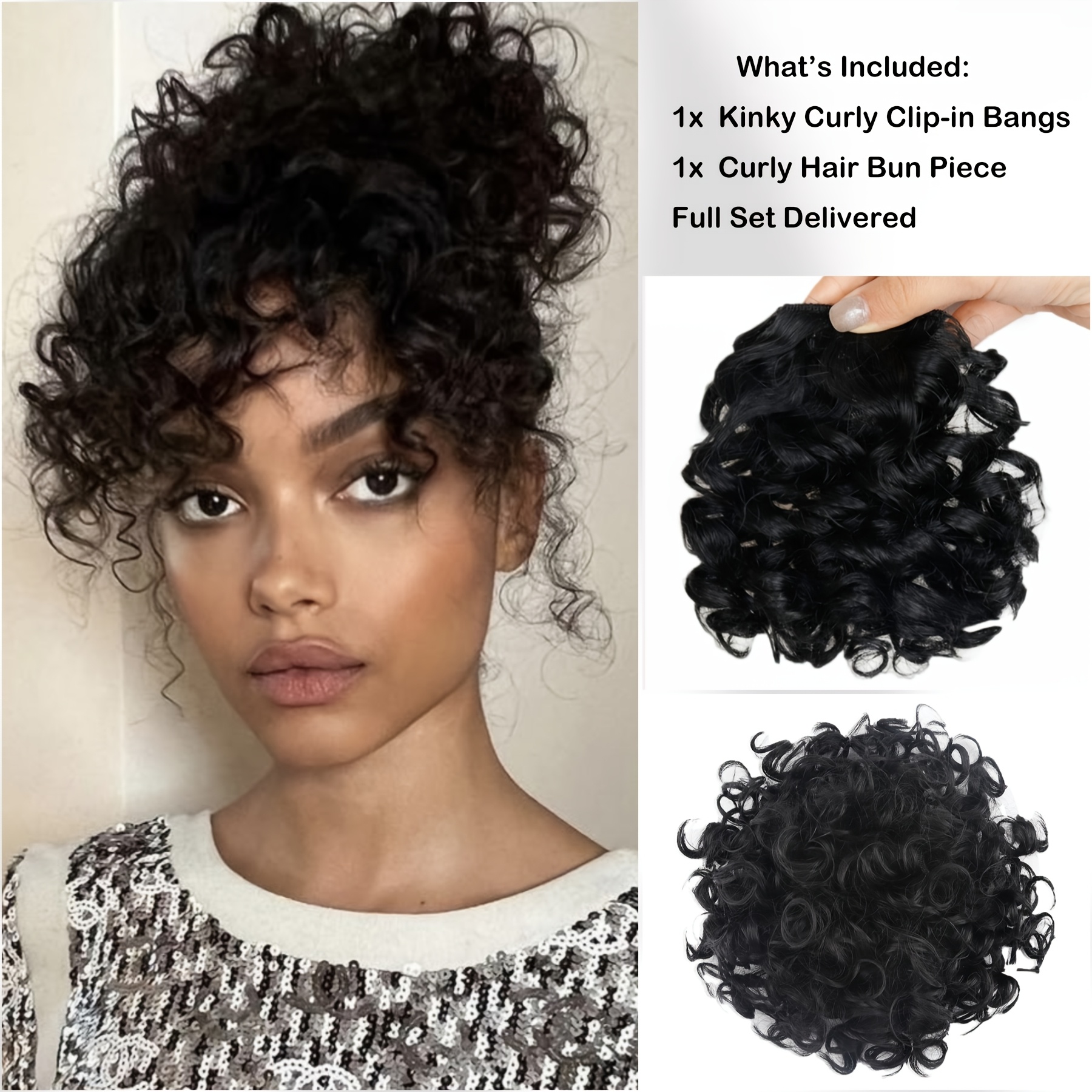 clip in curly hairpiece bangs bun curly waves Temu