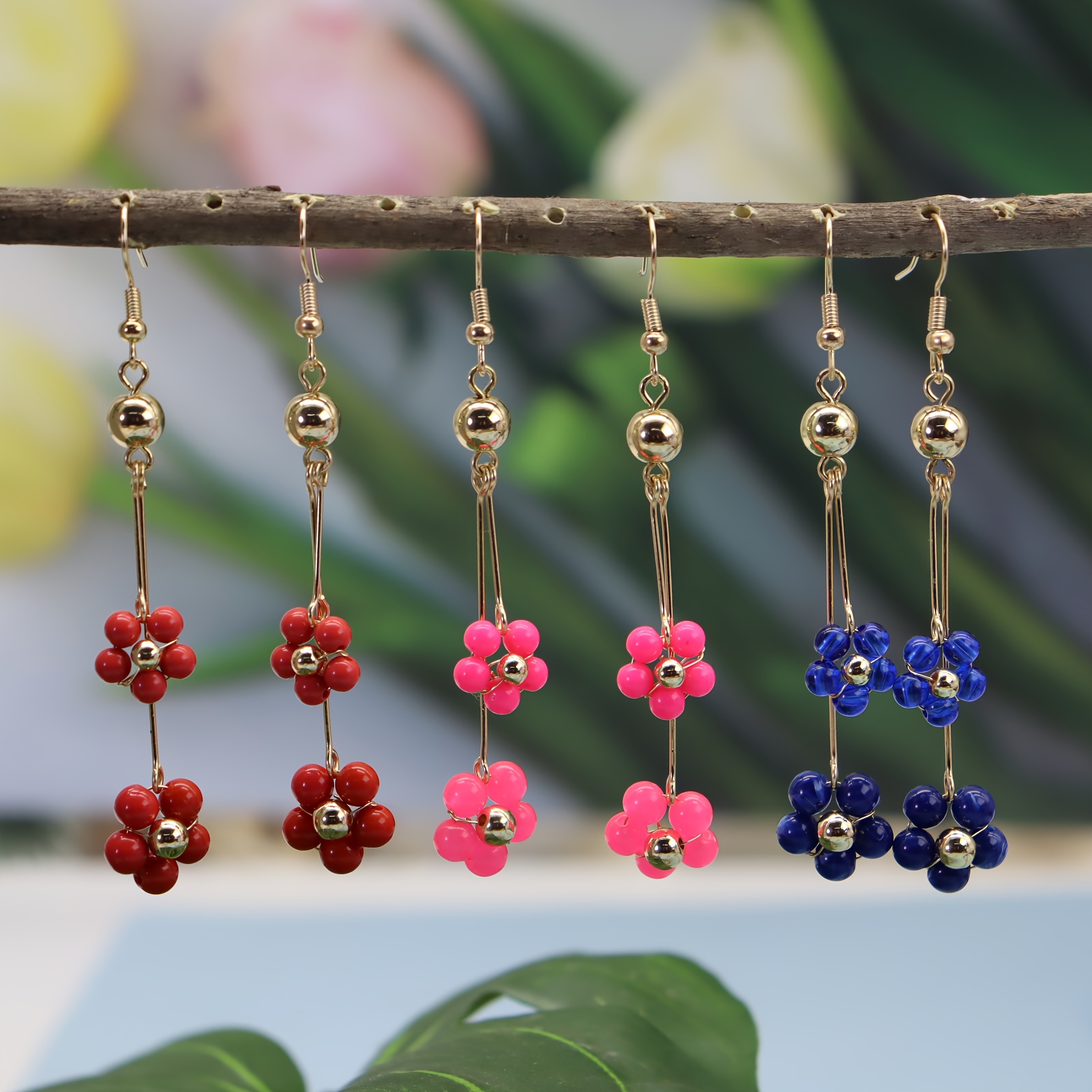 

Exquisite Flower Beads Decor Long Dangle Earrings Elegant Style Alloy Jewelry Holiday Earrings