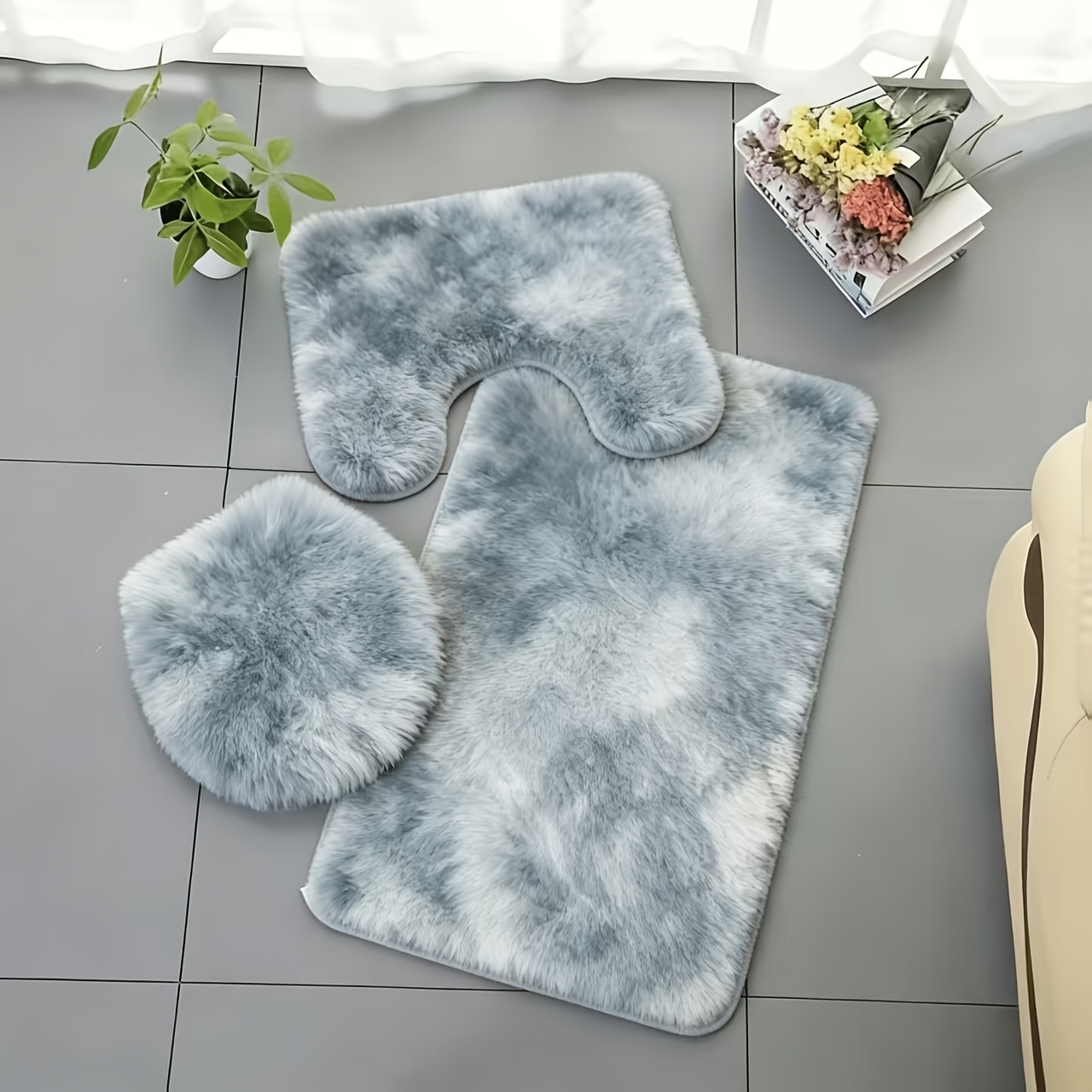 TEMU 3pcs Soft Plush Bathroom Non-slip Mat Set, Bathroom Rug Suitable For Bathtub, Shower, And Toilet, Multiple Colors , Durable And Wear-resistant,