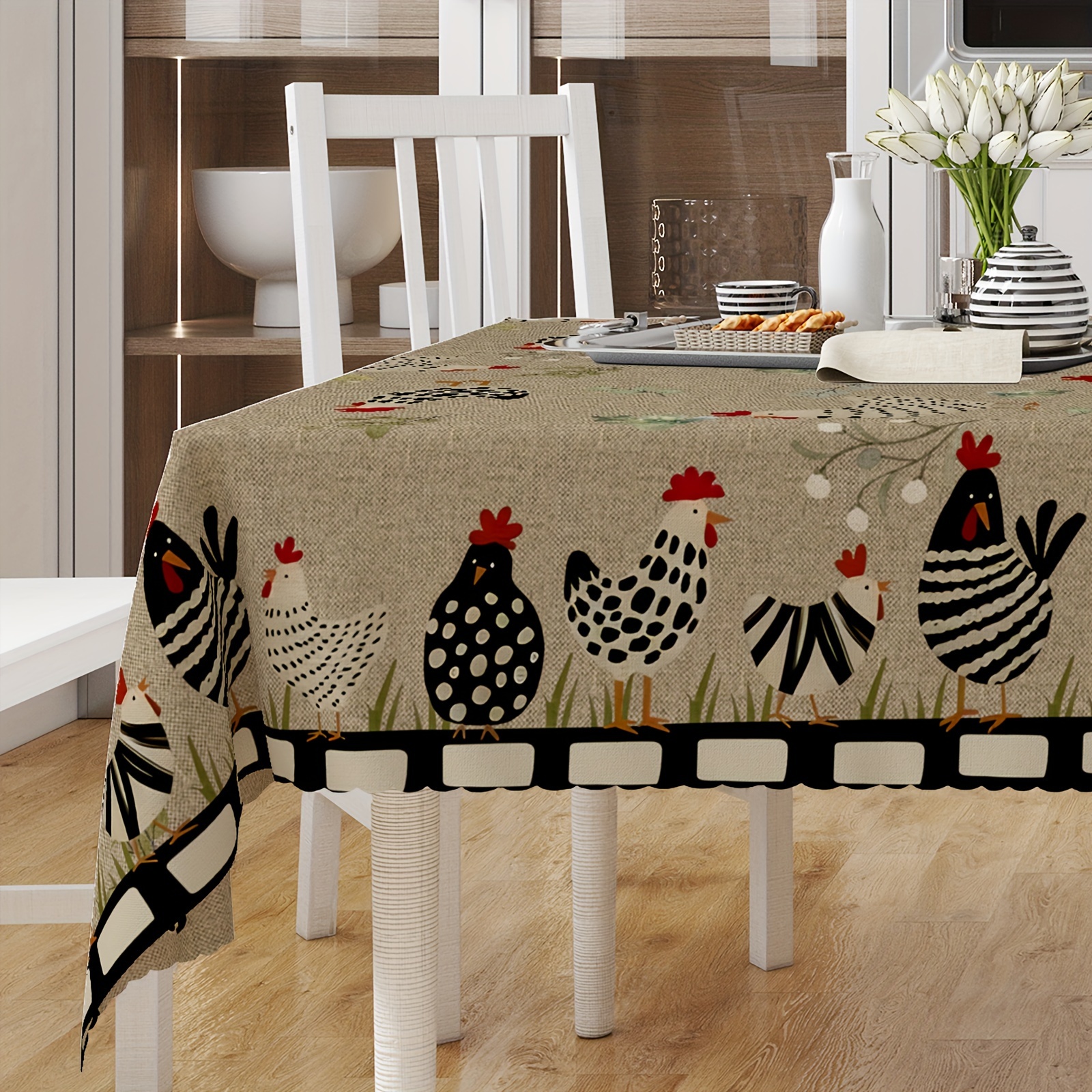 

1pc, Table Cover, Rustic Farmhouse Style Decorative Tablecloth, Rooster Pattern Stain Resistant Non-slip Wrinkle Resistant Tablecloth, Home Decoration