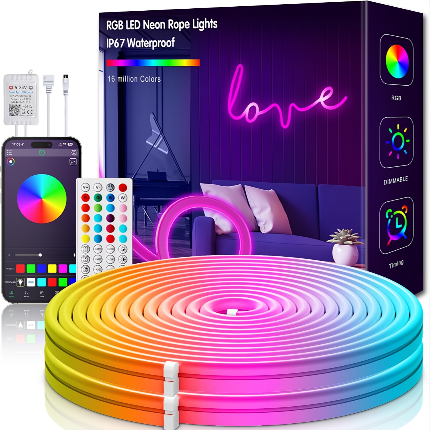 

32.8ft Rgb Strip & App , , Ip67 , Cut-to-size, For , Christmas, , And Decor - Wireless