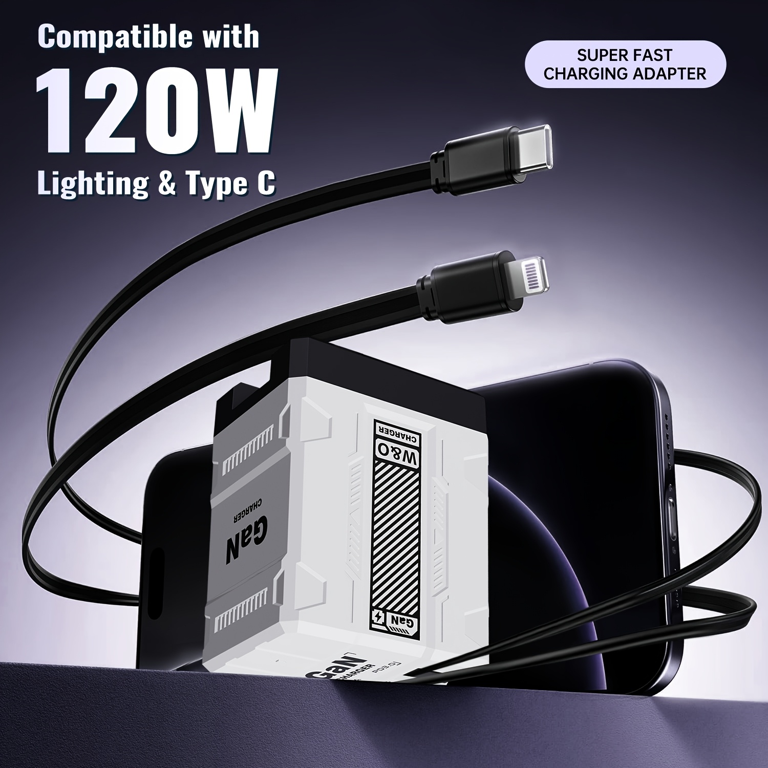 TEMU Protable 120w Gan Fast Charger, 120w Charging Head, With Extendable Cable (foldable Plug), Equipped With Portable Extendable Charging Plug,