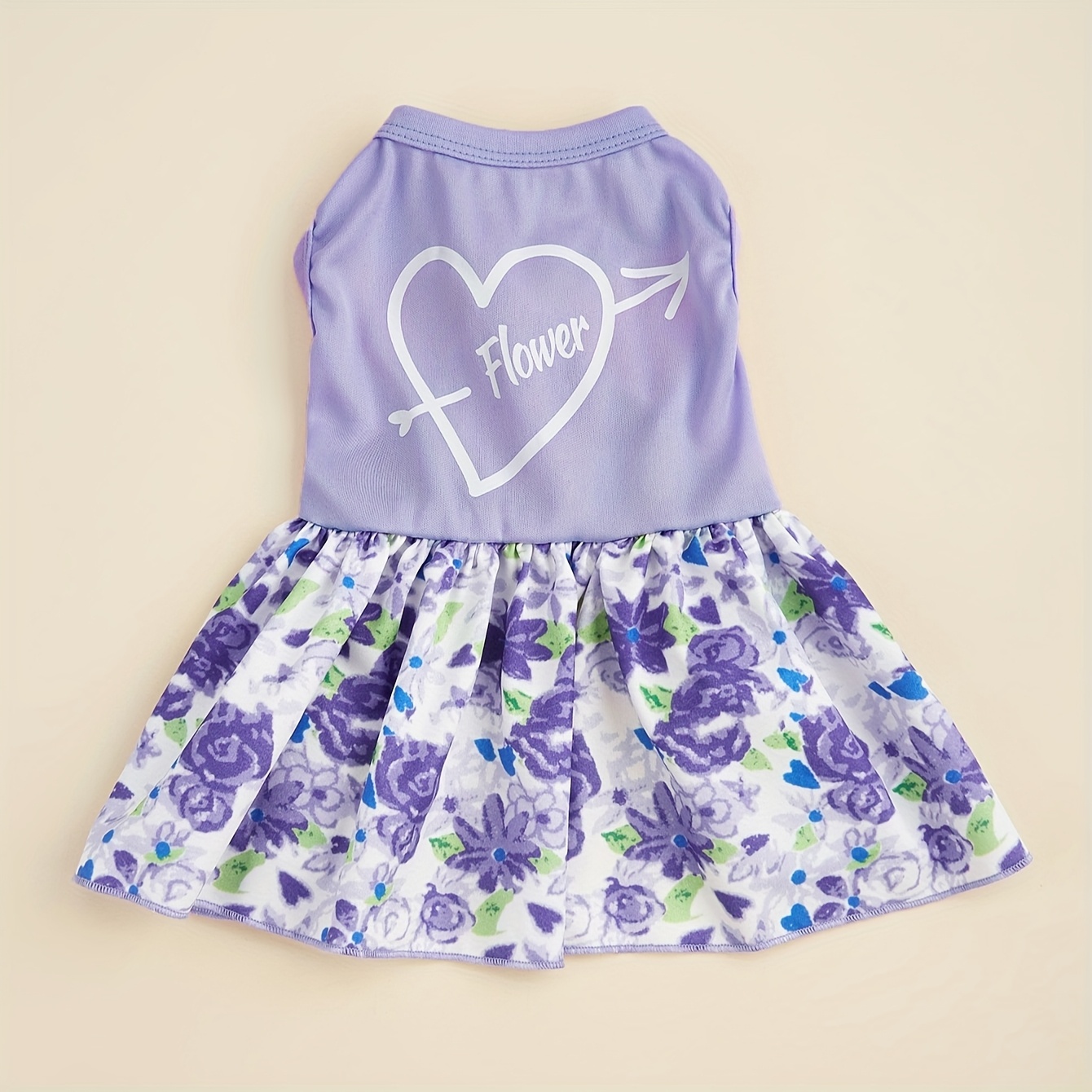 TEMU Breathable Floral Pet Dress - Light Purple Sleeveless Skirt With Heart And , Machine Washable, Ideal For Spring/summer/fall, Fits Small To Large Dogs, Dog Clothes