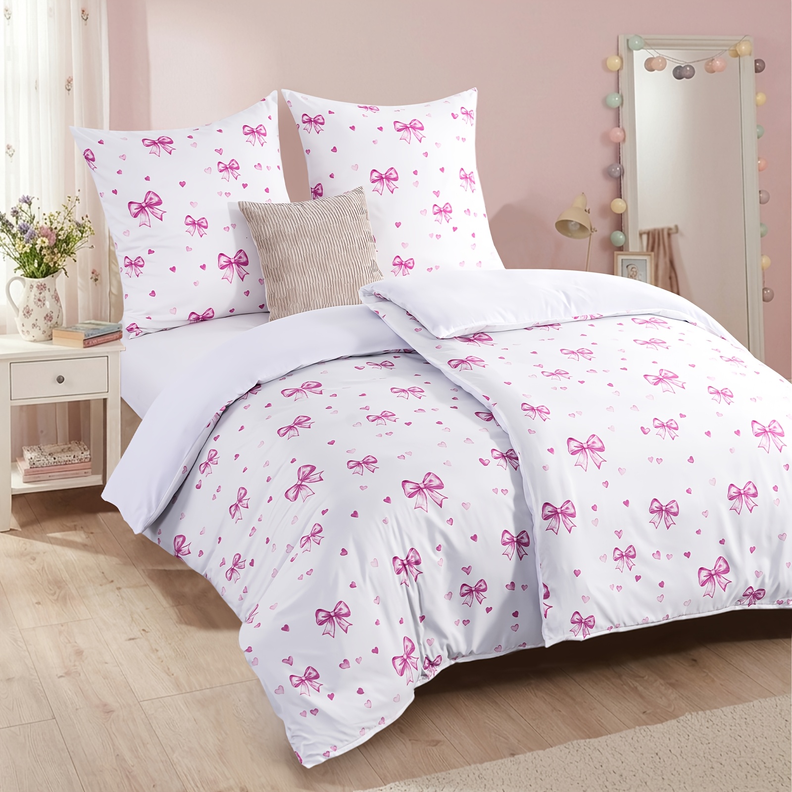 Image of Bedding 135x200cm, 4pcs, Duvet Cover - Bedding 135 X 200cm, Heart Pattern, With 2 Pillowcases 80x80cm, 2pcs Duvet Cover With Zipper, Non-iron And Soft