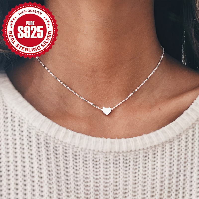 

925 Sterling Silver Compact Love Heart Pendant Necklace Plain Chain Hypoallergenic Lovely Elegant Minimalist Versatile Jewelry Daily Party Wedding Wear Valentine's Day Gifts For Women