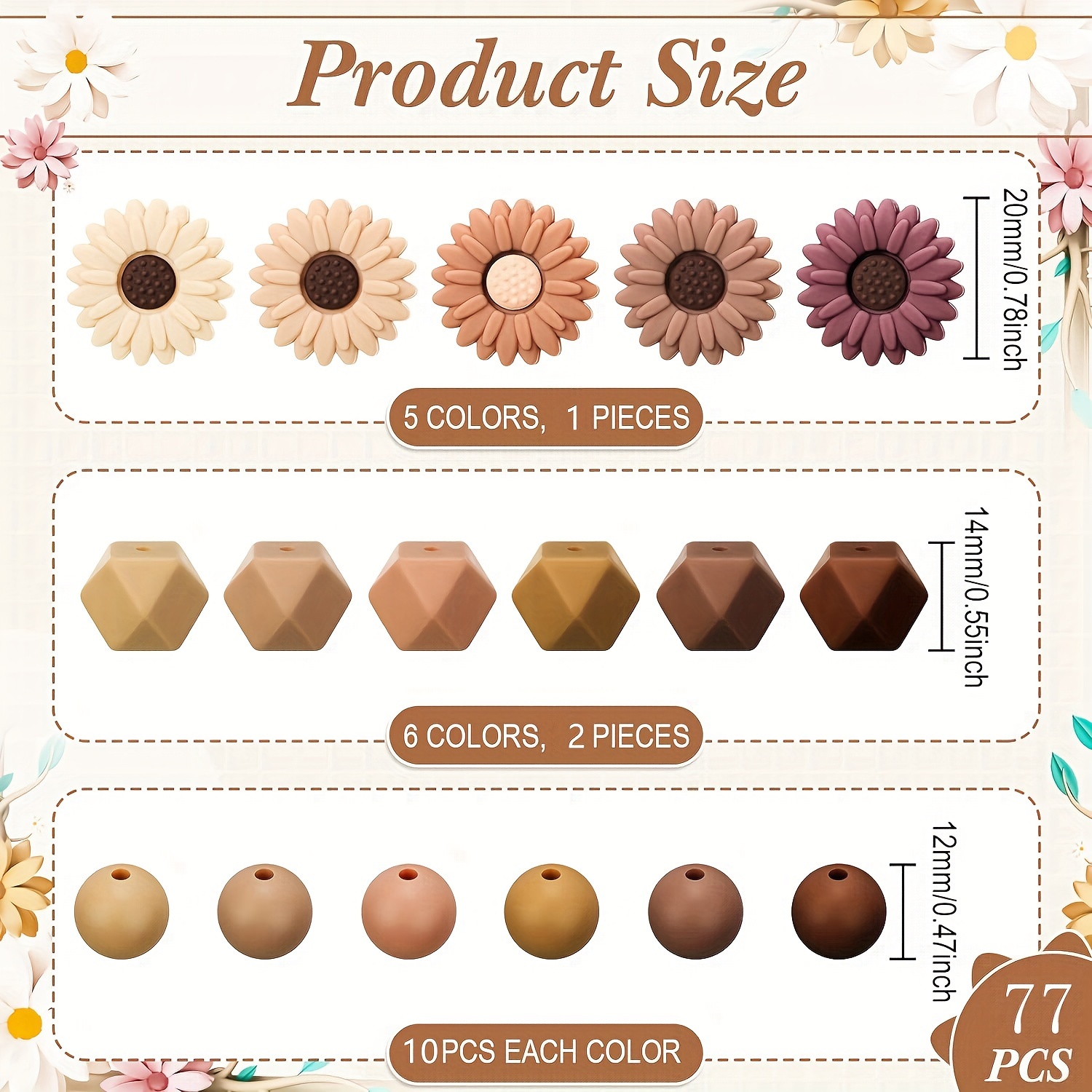 Image of 77pcs Creative Brown Daisies Theme Silicone Beads - Shapes Beads For Necklace, Bracelet Decoration, Craft Handmade Bracelet Pendant Additions