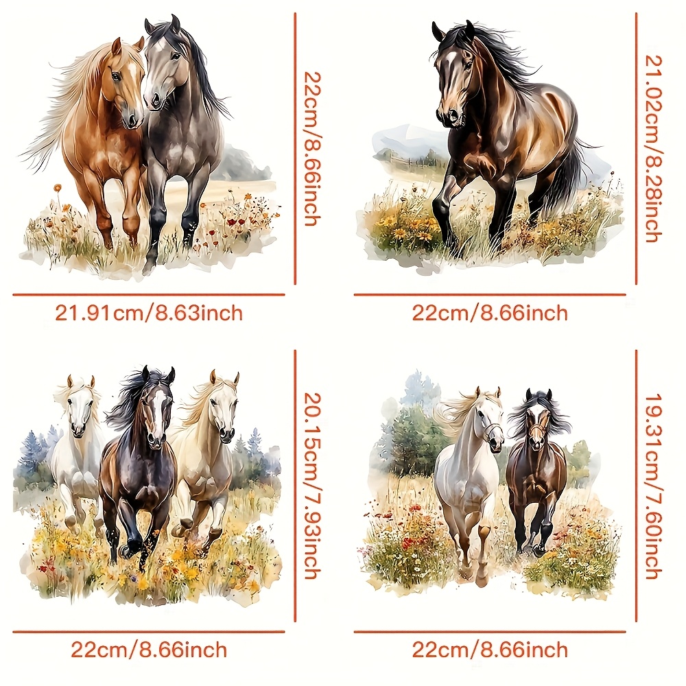 Image of 4pcs Heat Transfer Sticker Set - , Vibrant Vinyl Iron-on Patches For And Backpacks, Washable And Durable, Mixed Colors, Horse In , Running Horse Graphic | Durable Decals