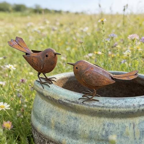 vintage distressed metal bird flowerpot rim decoration wrought style small bird yard ornament outdoor garden potted plant accent creative landscape sculpture