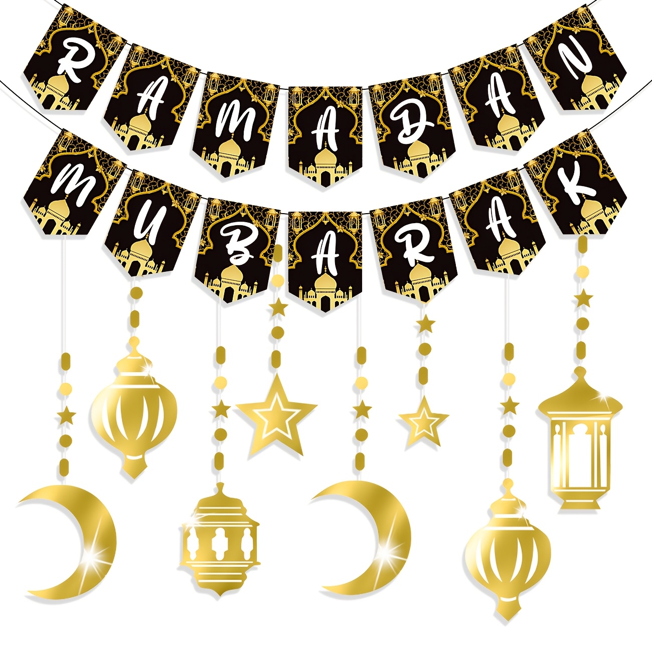 

1pc Ramadan Mubarak Banner - Party Decorations With , Moon, And Lantern Accents For Eid Festival Celebration, Ramadan Kareem Wall Hanging Decor