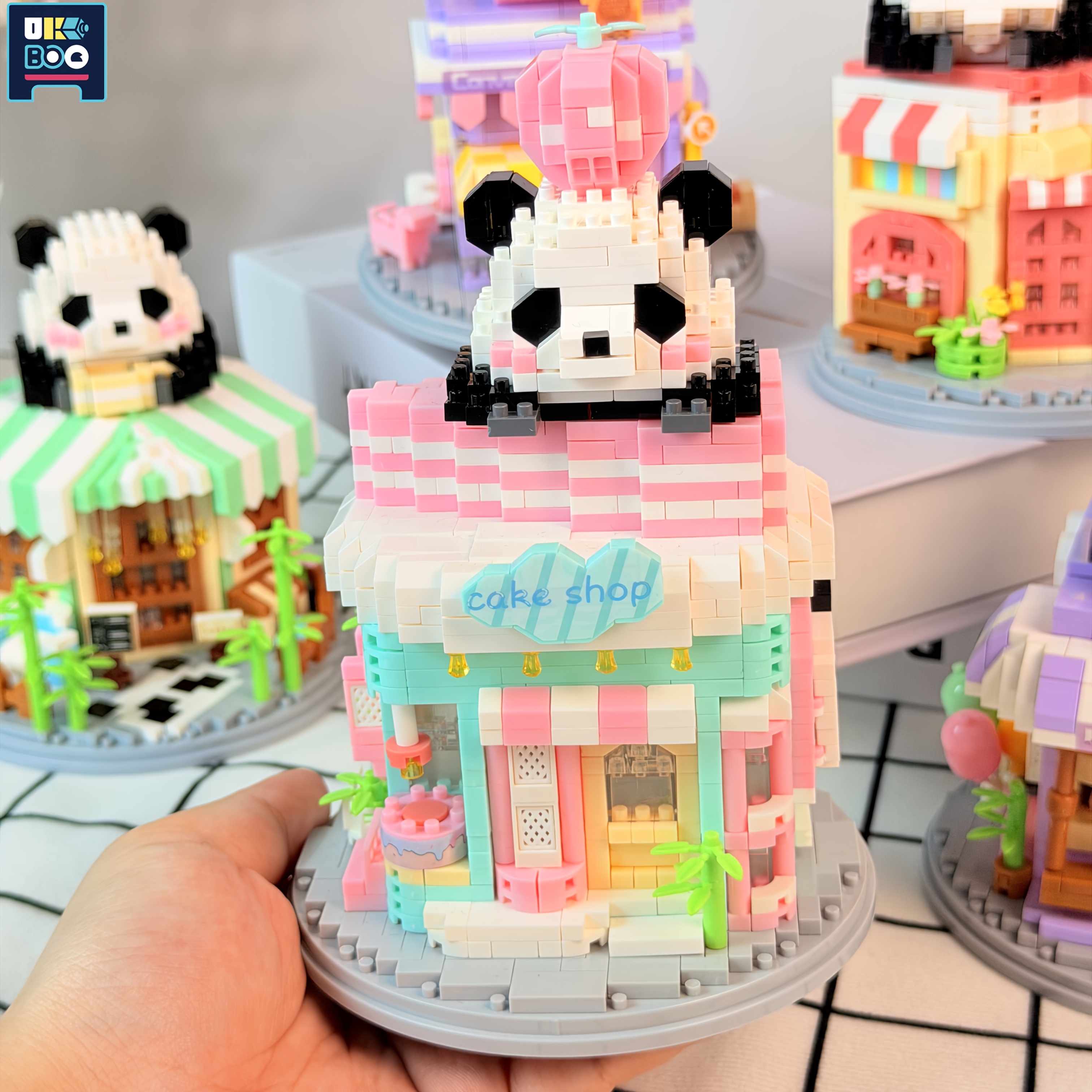 Ukboo Mini Panda Themed House Cafe Photo Shop Micro Building Blocks Toys Model