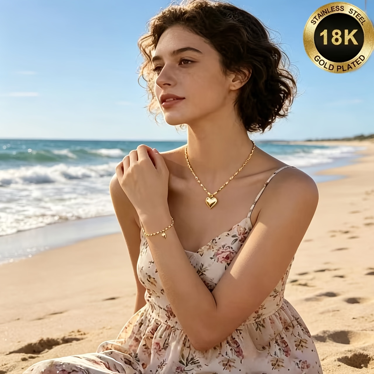 TEMU [2pcs Set - High-quality 18k Golden Plated Elegant Heart Pendant Necklace And Bracelet] Versatile Jewelry, Versatile Premium Jewelry, Suitable