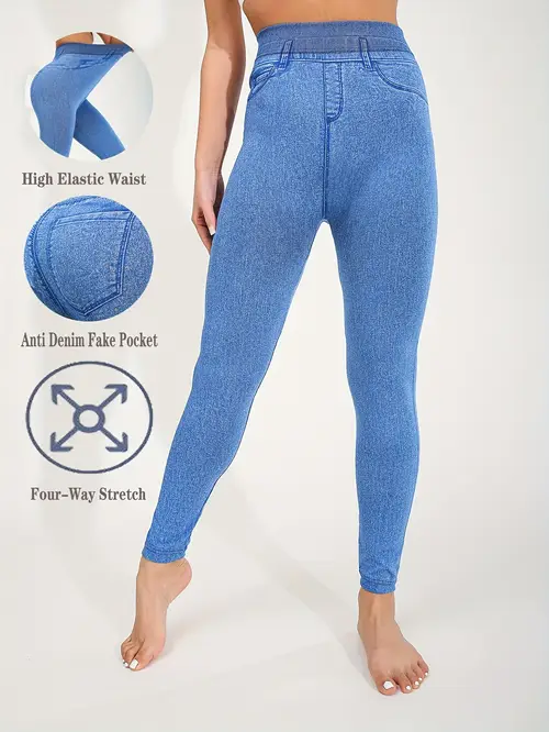denim print denim womens high elastic denim leggings light blue tight fitting gym pants with anti slip waistband pockets washable for daily wear casual attire highstretch fabric