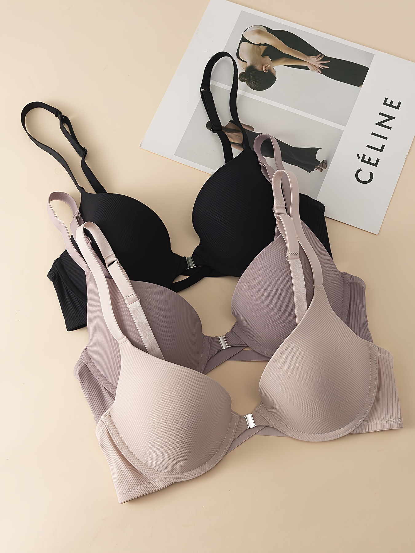 3pcs cross back front closure bra   solid color ribbed underwear lift up anti sagging design thin cup with thin padding casual   bra Product details 5