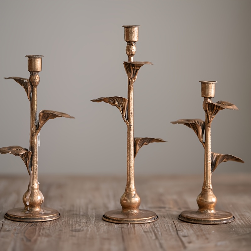 Set of 3 Vintage French Rustic Metal Candle Holders, Decorative Antique Rose Design Candlesticks, for Tabletop Decor, Christmas and Wedding Decorations