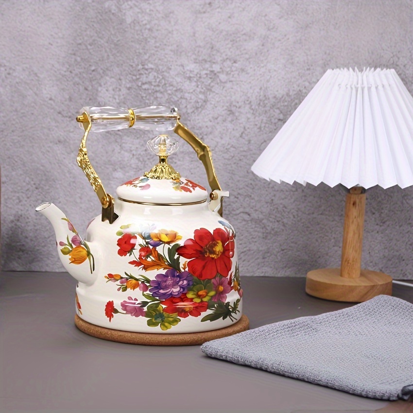 enamel tea kettle large capacity vintage   stovetop teapot with handle classic garden afternoon tea accessory traditional   non electric details 8