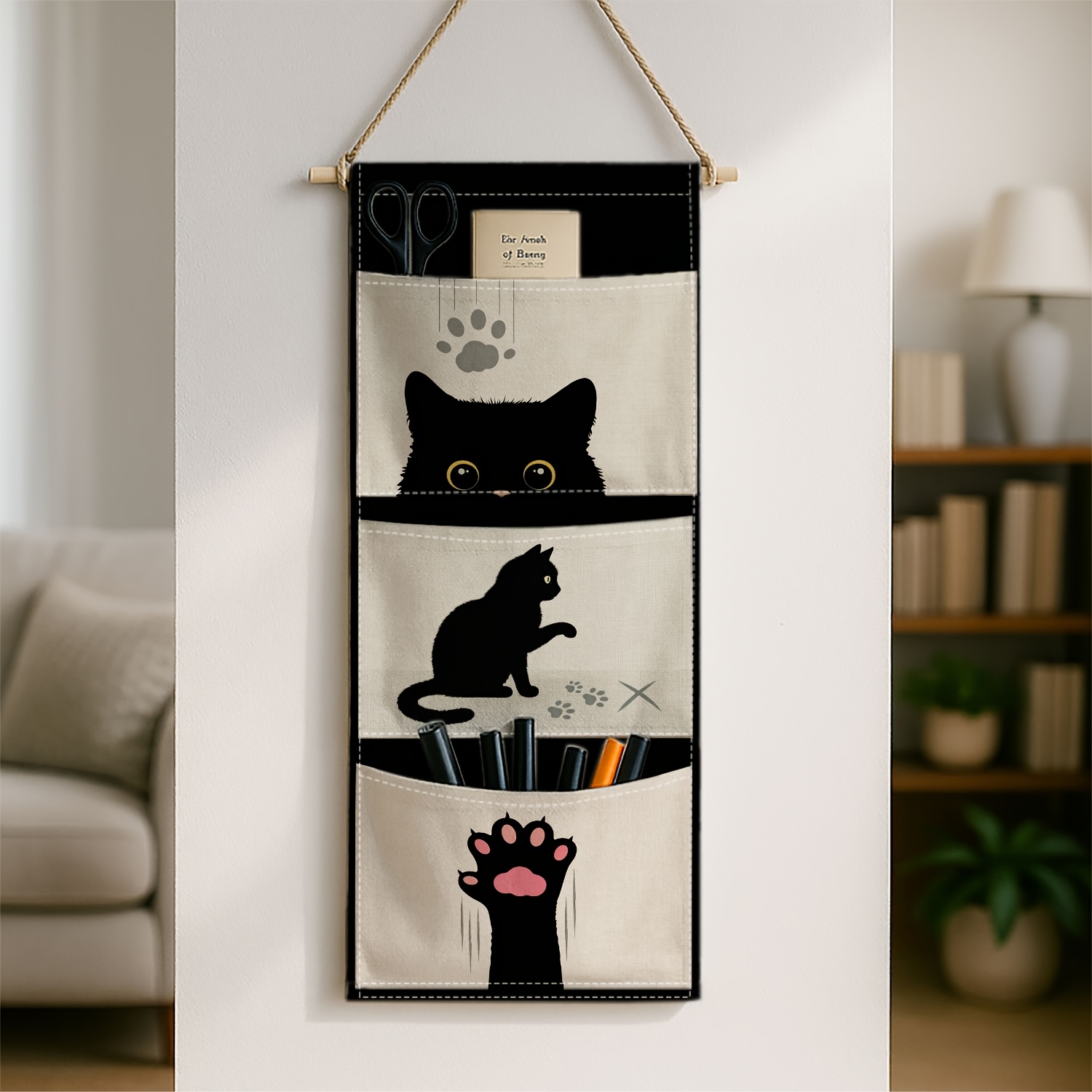 TEMU 1pc Of A Sleek And Contemporary Cat-themed Wall Storage Bag, Featuring A Black And . This Multi-level Fabric Organizer Is Perfect For Hanging In