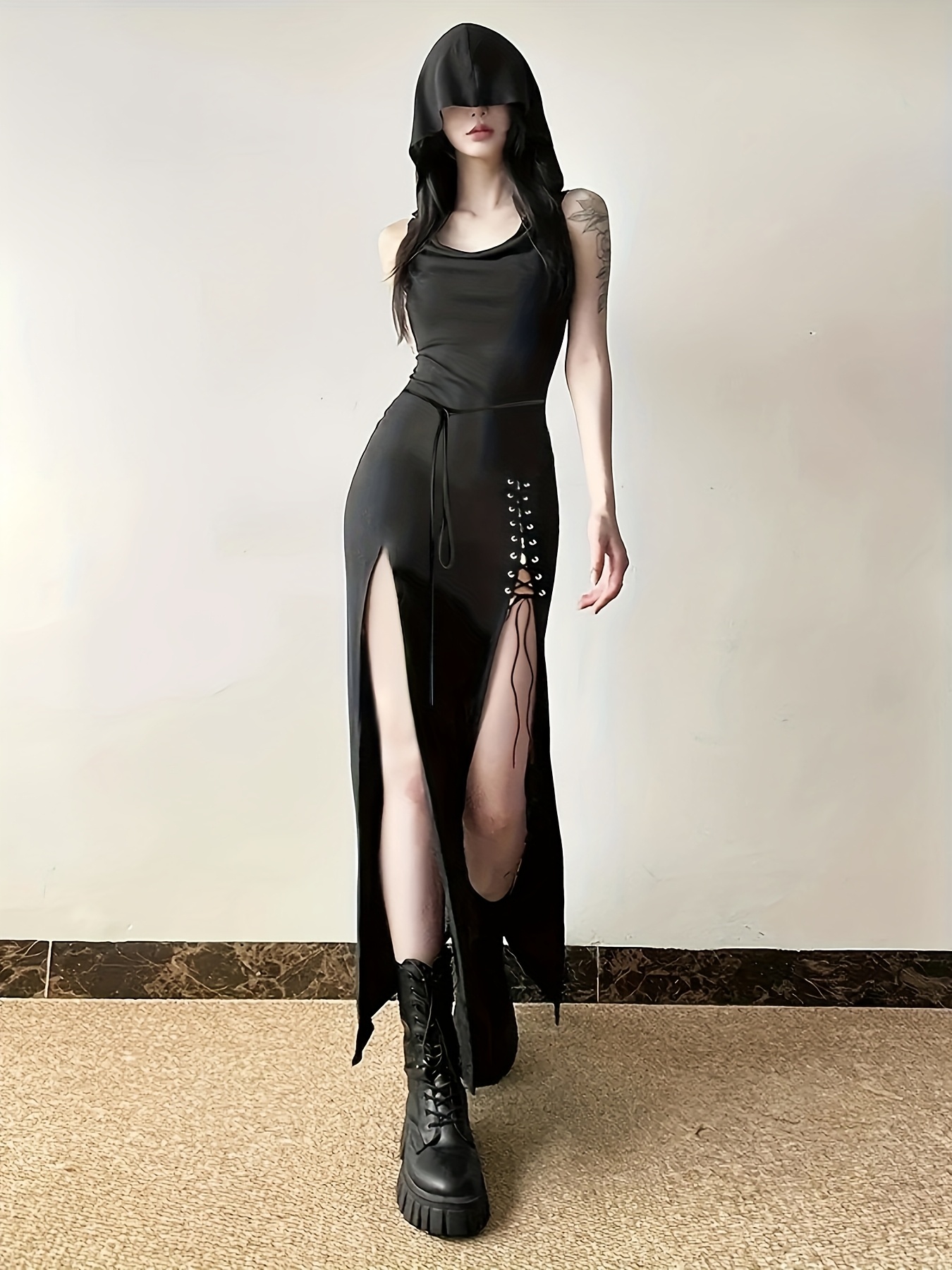 long black hooded dress Saint Laurent Black Cut Out Long Sleeve Shoulder Padded Hooded Dress G   PaumLosAngeles