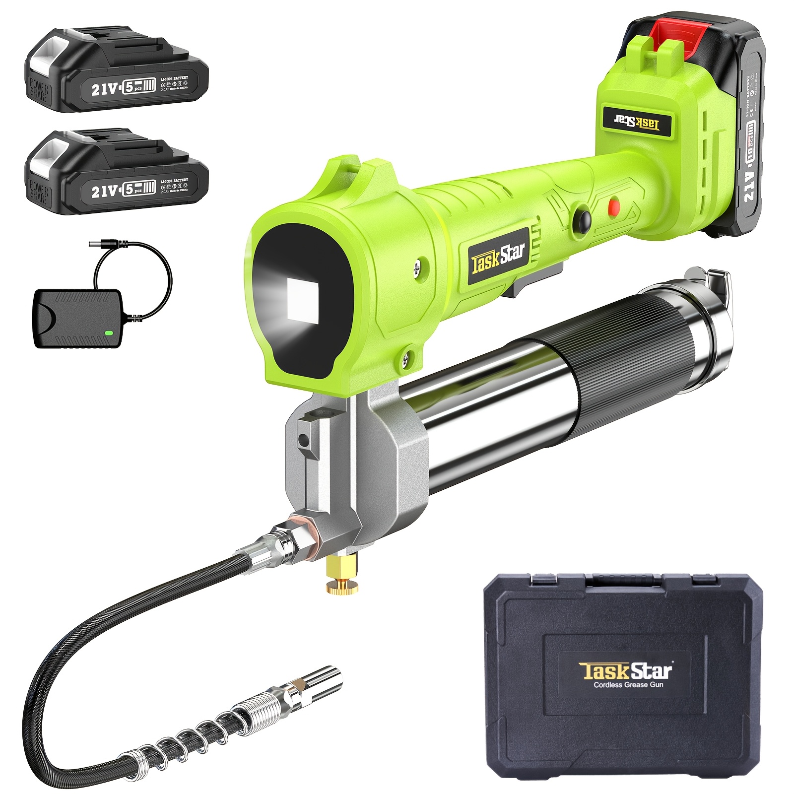 Taskstar Grease Gun With Trigger For Effortless Greasing, Cordless Electric Grease Gun Kit, 2 Batteries, 40' Hose & Led Light, 14 Oz Capacity For Tractor, Truck & Equipment Maintenance