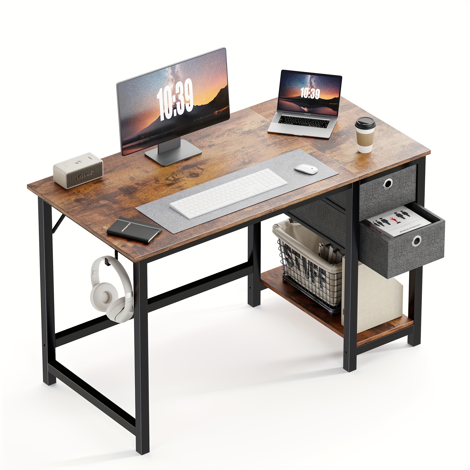 

47 Inch Small Desk With Drawers 2-tier Storage Drawers & Shelf Simple Modern Wood Table For Office, Outdoor Recreation, Camping, Hiking