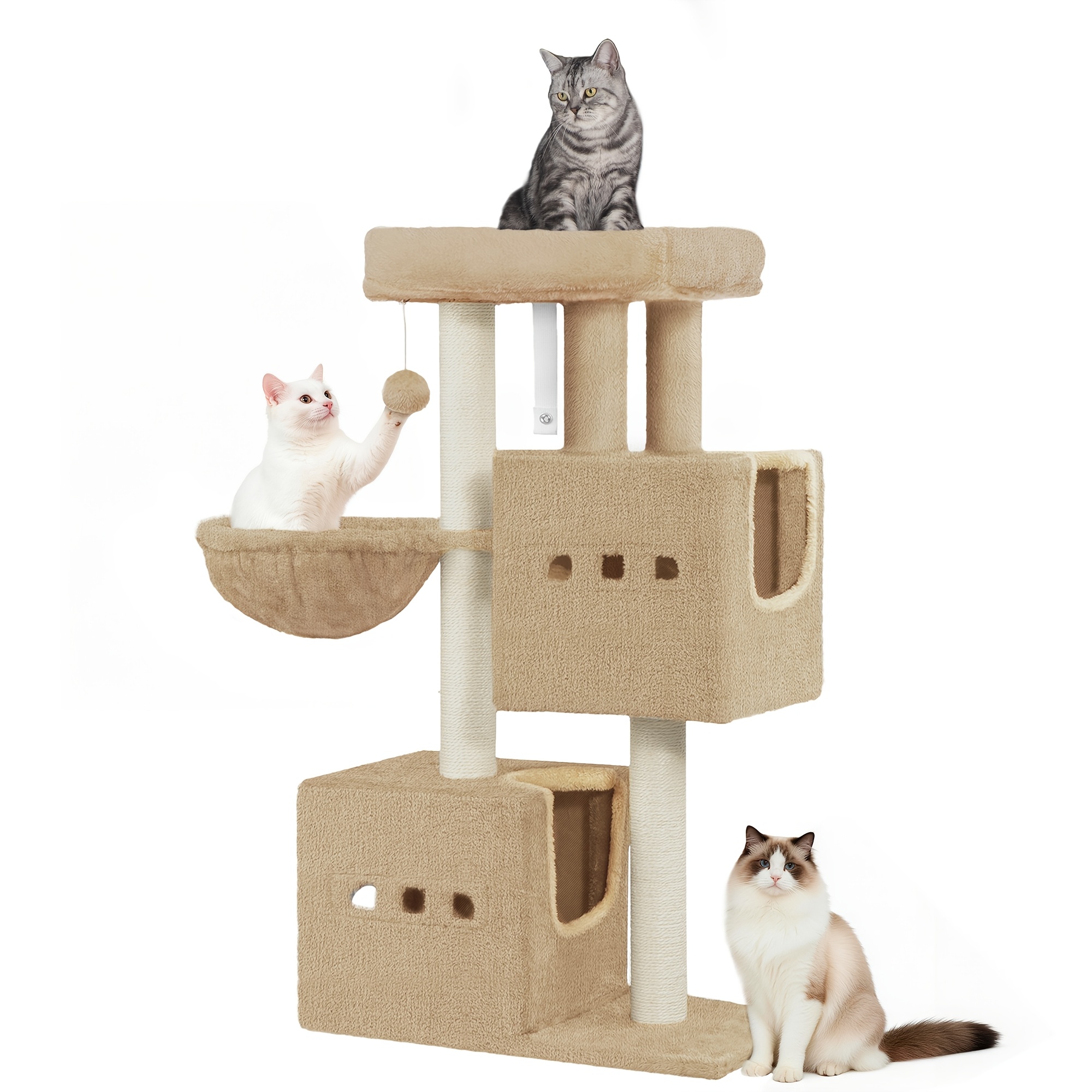 Image of Cat Tree, 98cm, Sturdy And Durable, With A Spacious Lying Area, Cat Bed, Sisal Post, Basket, Plush Ball, Cat Furniture, And Play Tree, Tan Color.