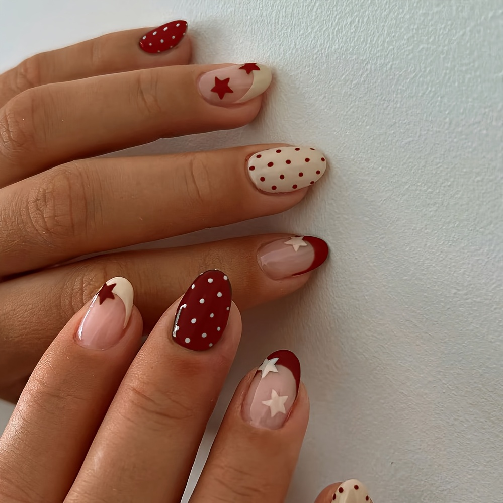 E-shop 24 Stück Rote Sterne und Polka Dot Ovale Kurze Nagelspitzen | Maschinell hergestellte künstliche Nägel, Abnehmbar und Wiederverwendbar,