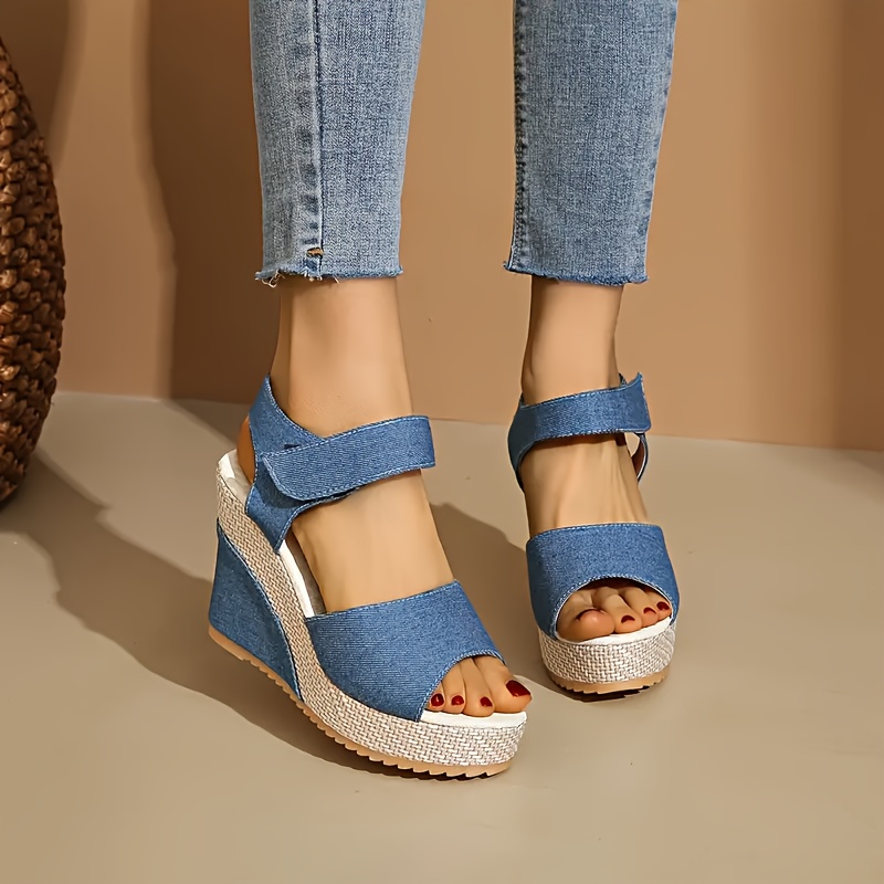 elegant women's blue denim wedge sandals comfortable slip Temu