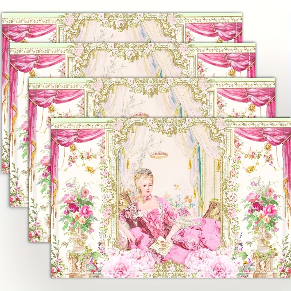 

4pcs Rococo Splendor Linen Table Mats, 12x18 Inch Rectangular Single-sided Print, Machine Washable, Woven Decorative Dining Placemats For Home, Parties, And Restaurants