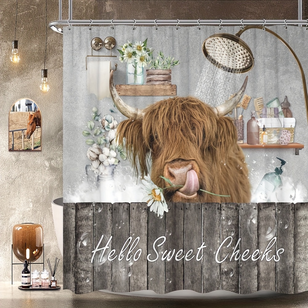 

1pc Highland Cow Shower Curtain, Fun Wood Plank Country Western Wildlife Plants Natural Modern Fabric Waterproof Polyester, Comes With 12 Hooks