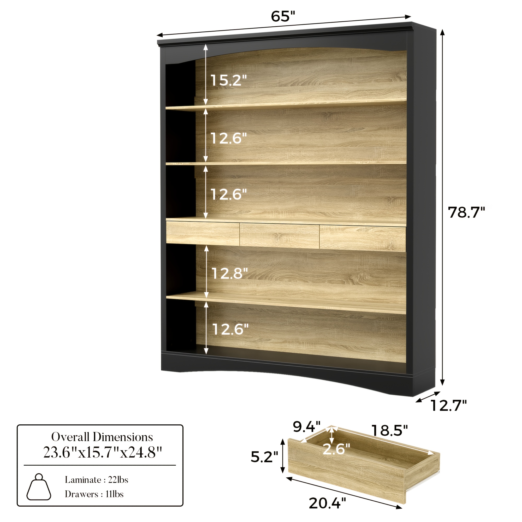 78 7 h modern bookcase wall with 3 drawers 6 tier office bookshelf storage organizer display shelf unit for home office living room stylish design oak black hardwood material floor mount Product details 1