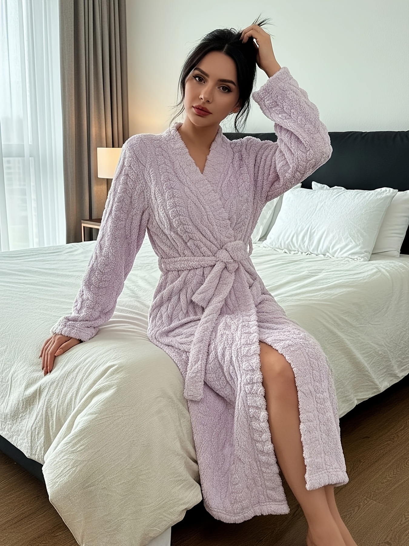 ladies coral fleece dressing gown ultra soft long sleeve - Temu Mauritius