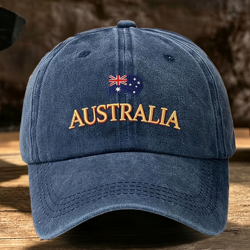 TEMU Vintage Washed Distressed Australia Letter Embroidery Dad Hat Soft Adjustable Metal Curved Brim Sun Hat Unisex Retro Patriotic Streetwear Hat