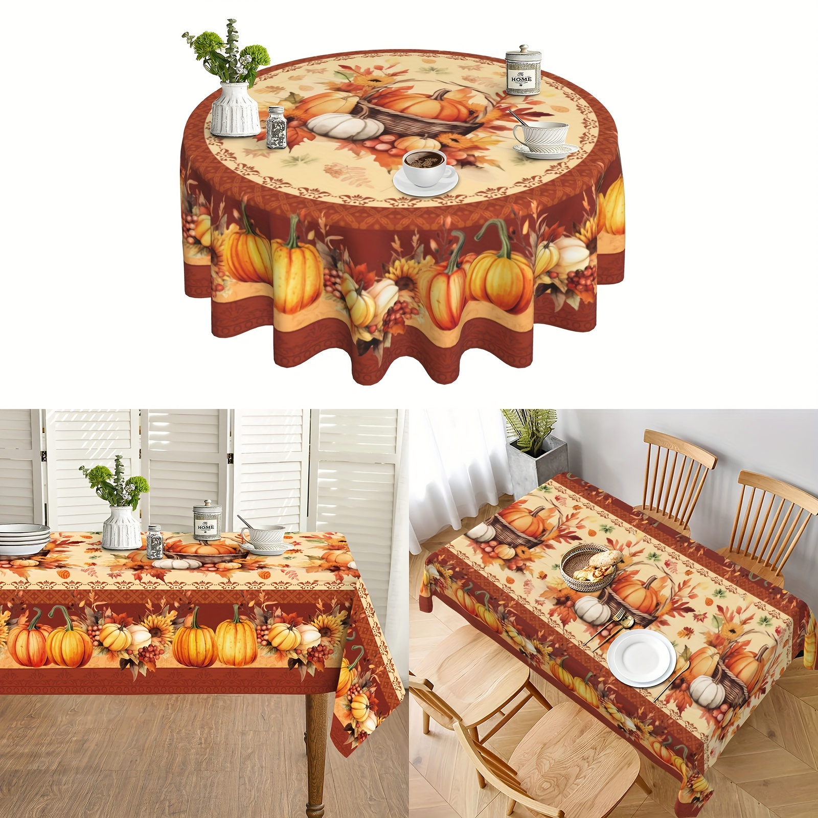 

1pc Tablecloth, Polyester Tablecloth, Fall Harvest Maple Leaf Pumpkin Party Tablecloth, Thanksgiving Farmhouse Sunflower Table Cover, For Home Kitchen, Dining, Picnic Decoration, Home Supplies