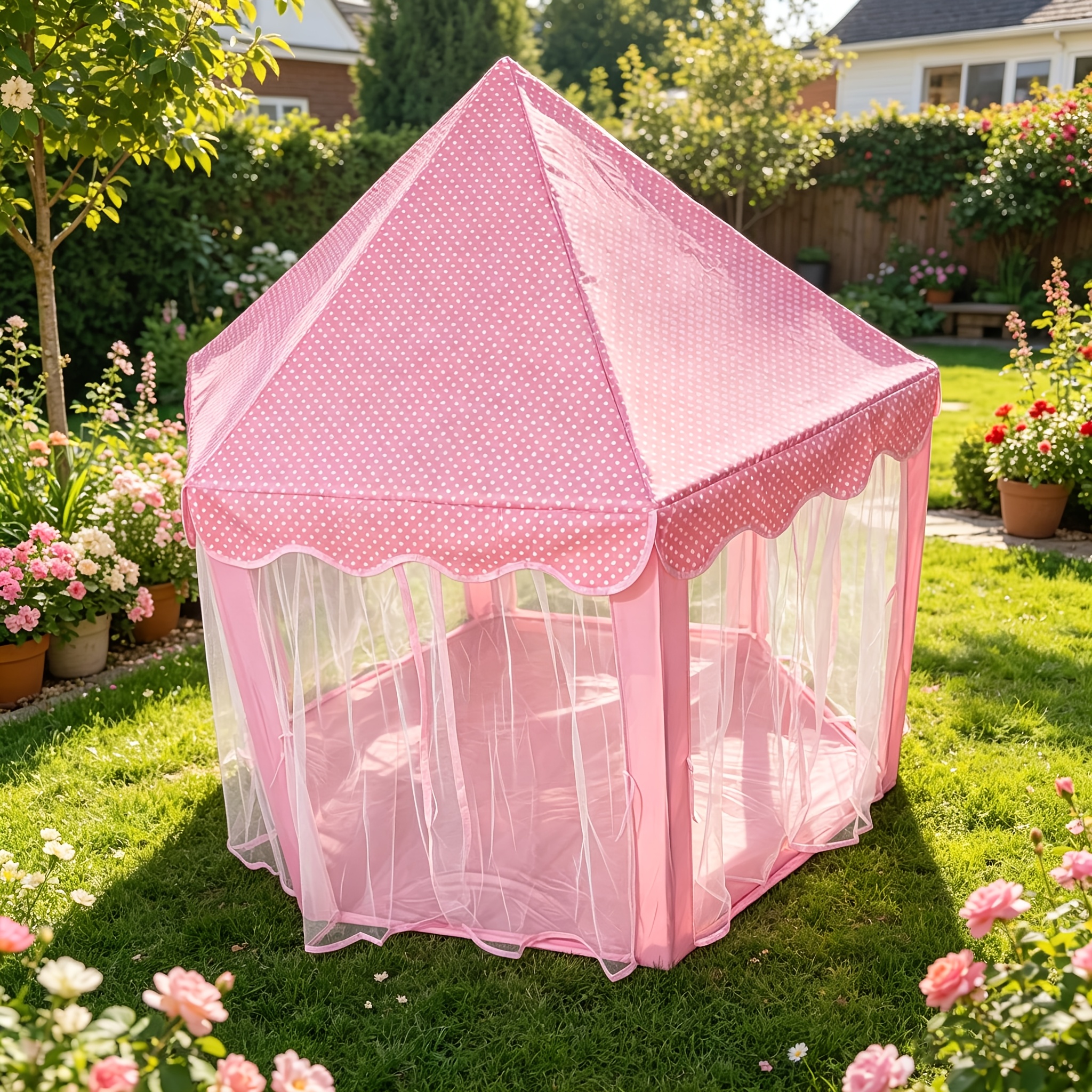 Kids Pink Princess Play Tent, Large Hexagon Castle Tent With Breathable Mesh, Indoor/outdoor Playhouse For Girls, Portable Foldable Tent For Home, Garden & Birthday Parties