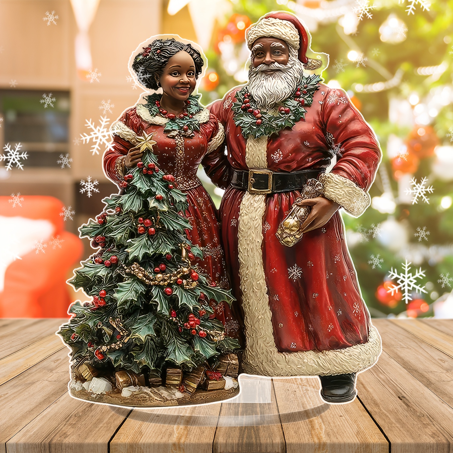 

Santa Claus And Female Christmas Tree Decor Acrylic Tabletop Decoration, 2d Printed Multipurpose Collectible Figurine, For Home, Office, Party, Ideal Christmas Gift