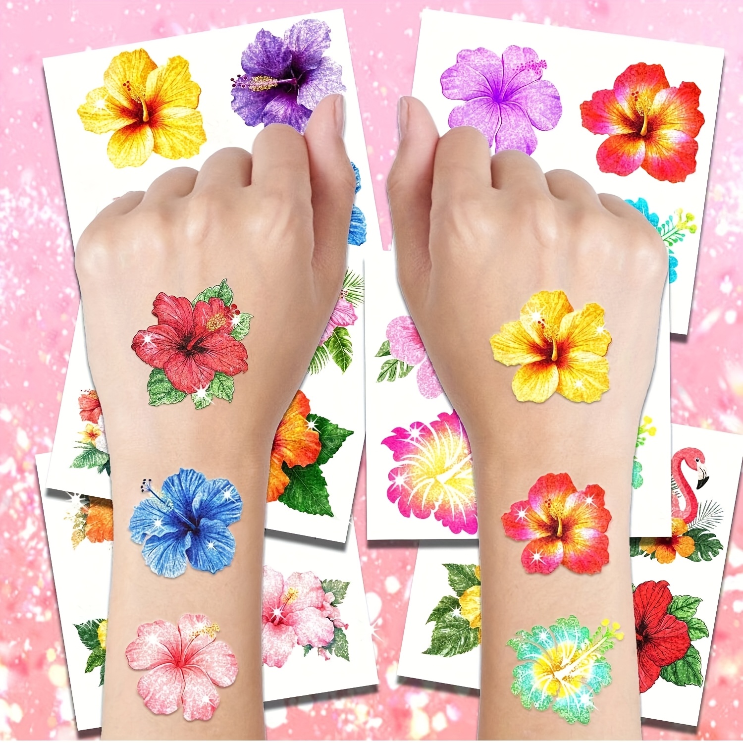 Image of Set Of 24 Temporary Hibiscus Glitter Tattoos Featuring A Hawaiian Summer Theme, Perfect For Parties And Suitable For Men And Women