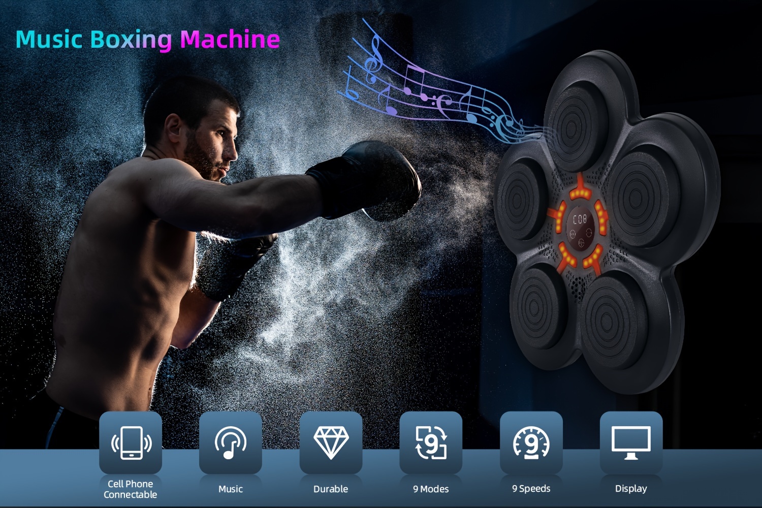 Music Boxing Machine LED Con Bluetooth - 9 Modalit&agrave;, 9 Velocit&agrave;, Guanti Inclusi Per Allenamento