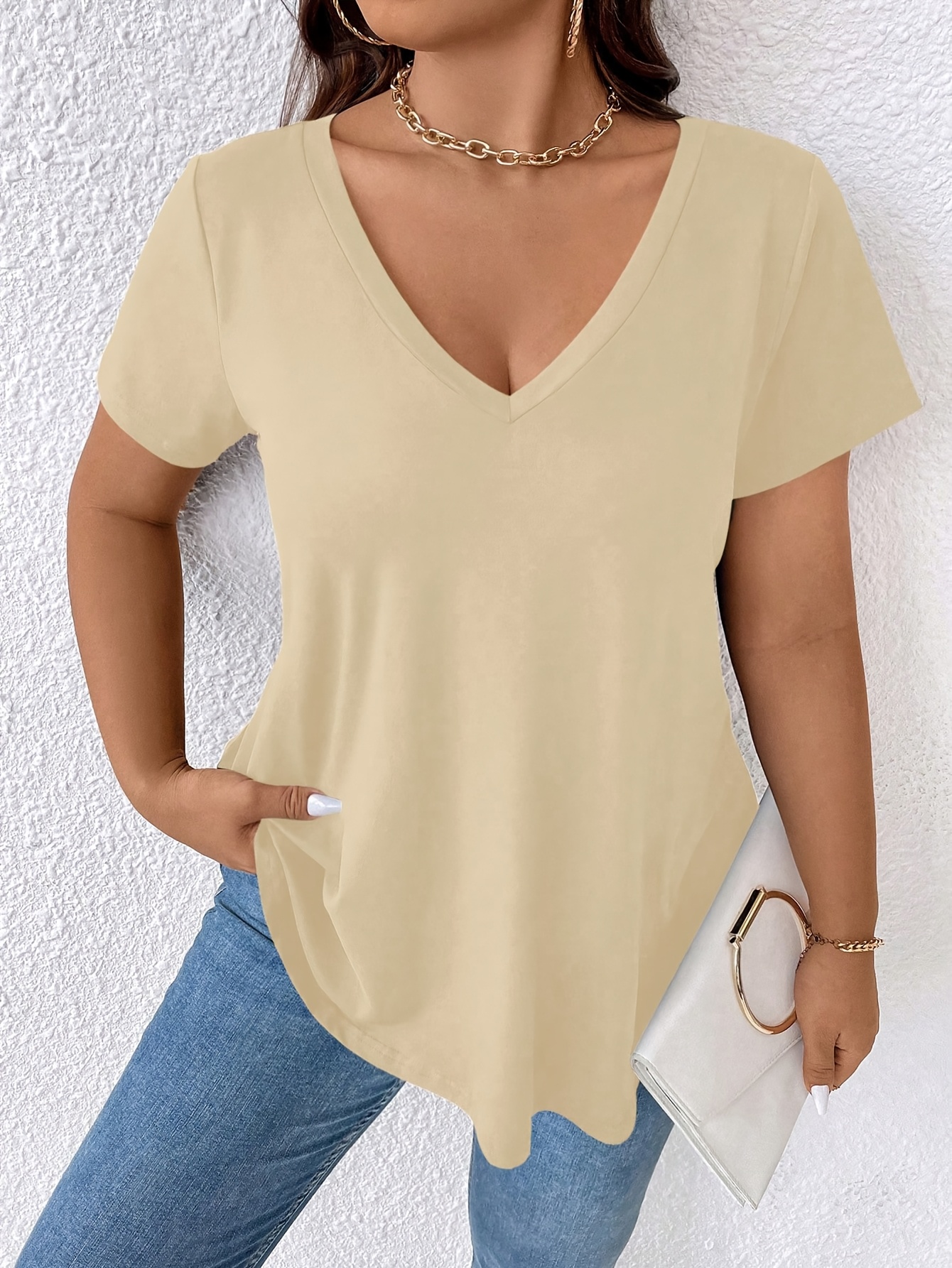 Women's Elegant V-Neck Short Sleeve T-Shirt - Soft Stretch Fabric, Machine Washable, Solid Color Casual Top for Spring Summer Fall, Seasonal Fashion, Versatile Clothing, Nontransparent Material