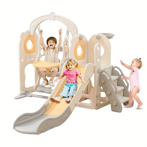 freestanding toddler slide with swing set 6 in 1 kids indoor slide for toddlers 1 3 l shaped slide with basketball hoop baby slide for indoor outdoor for boys and girls birthday