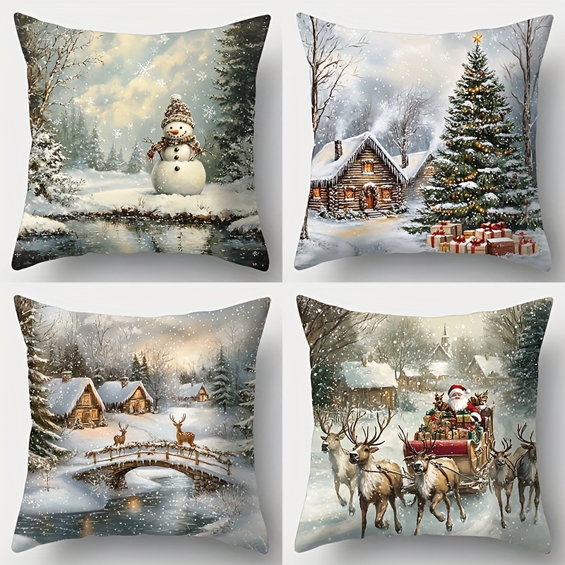 

Set Of 4 Contemporary Throw Cushion Covers With Winter Snow & Christmas - Machine Washable Zippered Polyester Cases For Decorative Use In Rooms (17.72 Inches, Inserts Not Included)