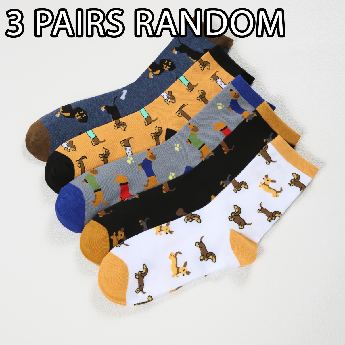 TEMU 1/3/5-pair Men's Autumn/winter Fun Cartoon Dachshund Puppy Pattern Color-block Mid-calf Socks Set, Suitable For , Travel, Outdoors, And Gifting,