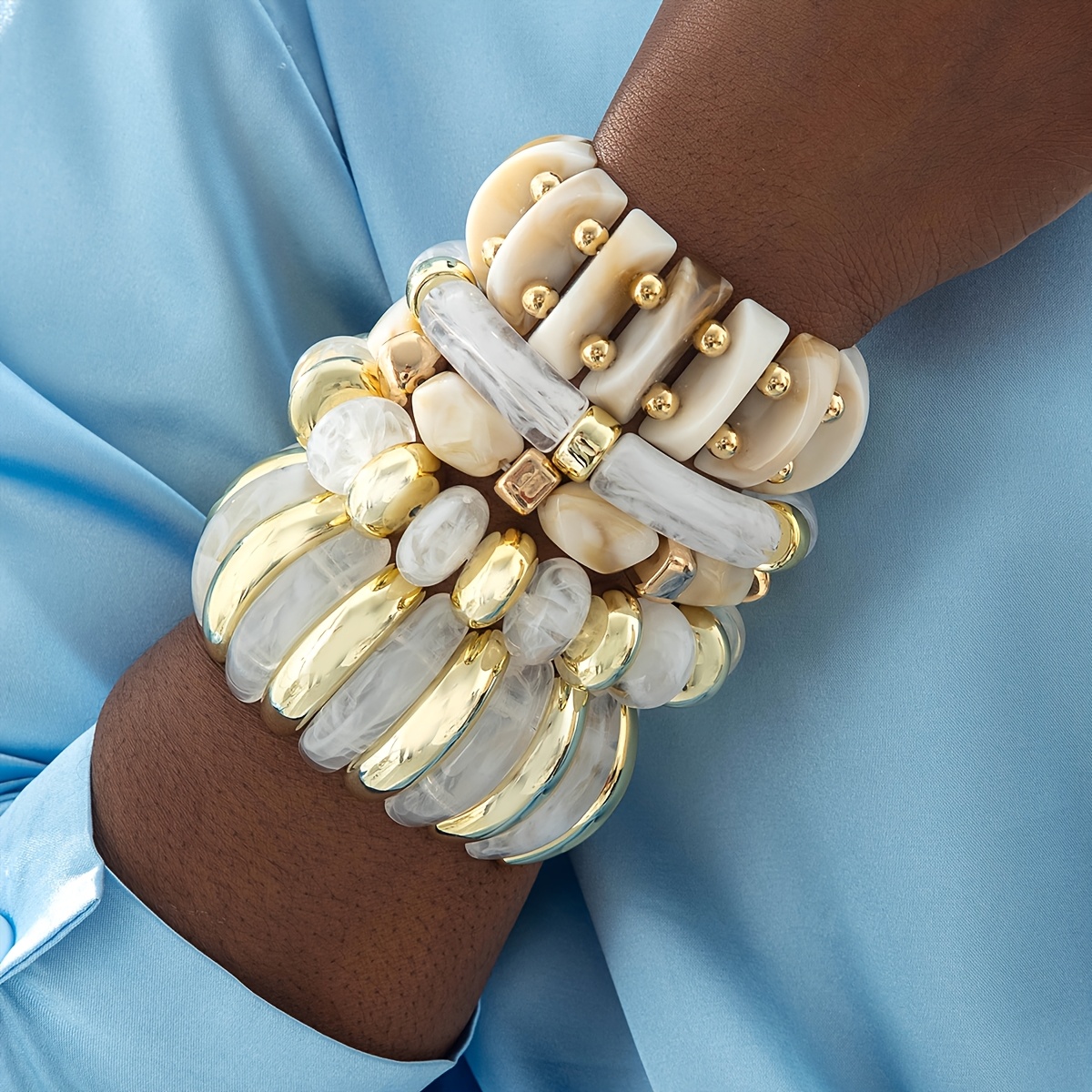 TEMU 5pcs Set Of Fashionable And Wide-band Stretch Bracelets Made Of Acrylic Ccb Material, Suitable For Women's Prom Parties, Gatherings, Banquets,