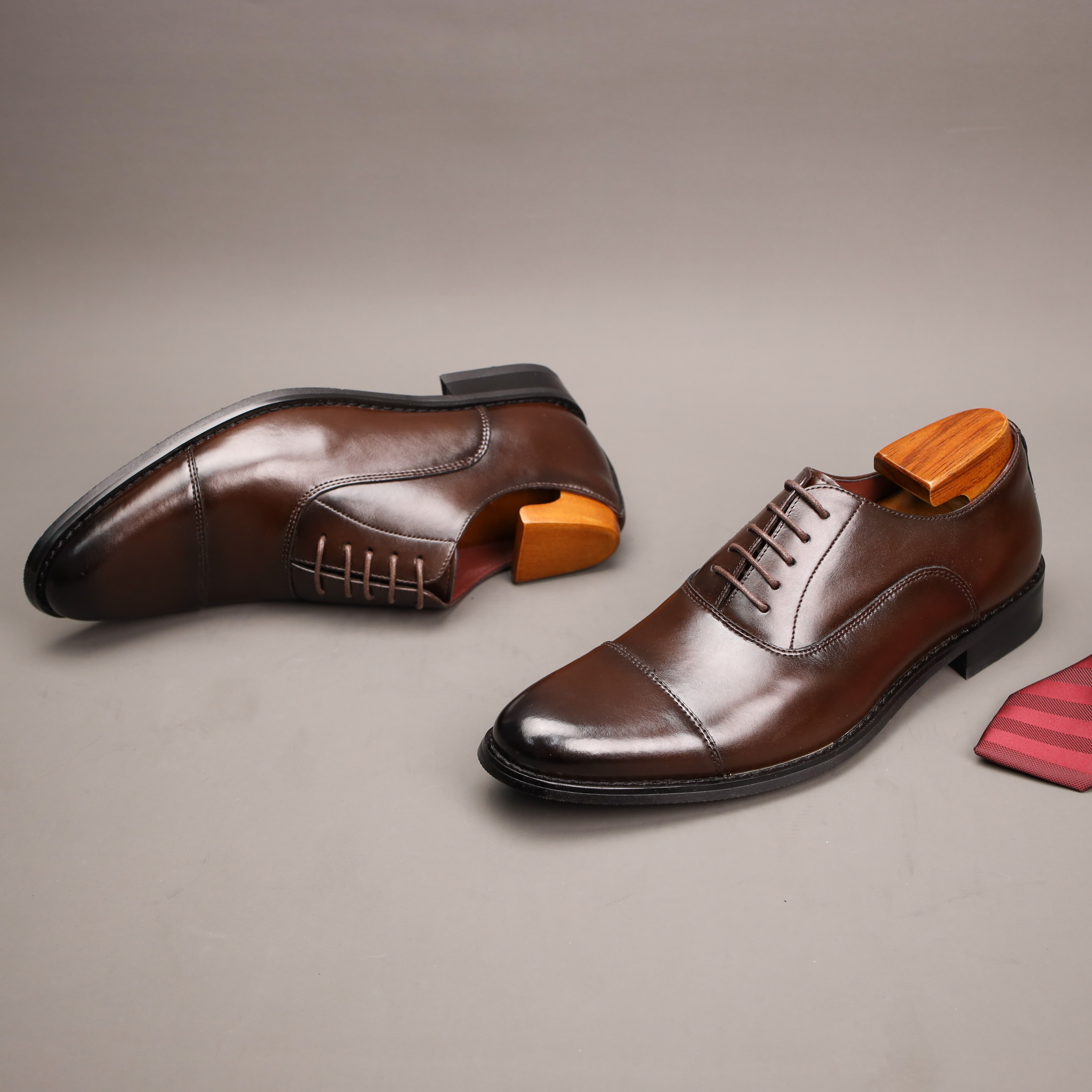 Men's Vintage Split cow Leather Solid Colour Cap Toe Oxford Shoes, Comfy Non Slip Durable Formal Shoes, Men's Business Footwear