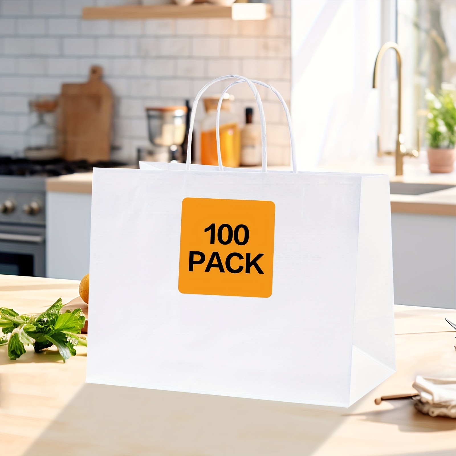 

100pcs Gift Bags, 20g Paper Gift Bags With Handles Bulk, Paper Packaging Bags, Shopping Bags, White Paper Bags, Retail Bags, Party Bags, Suitable For Home Shopping Outdoor, Packaging Accessories