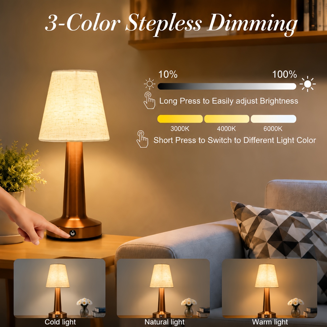Retro Touch Lamp with Cordless Charging and 3-Color Light
