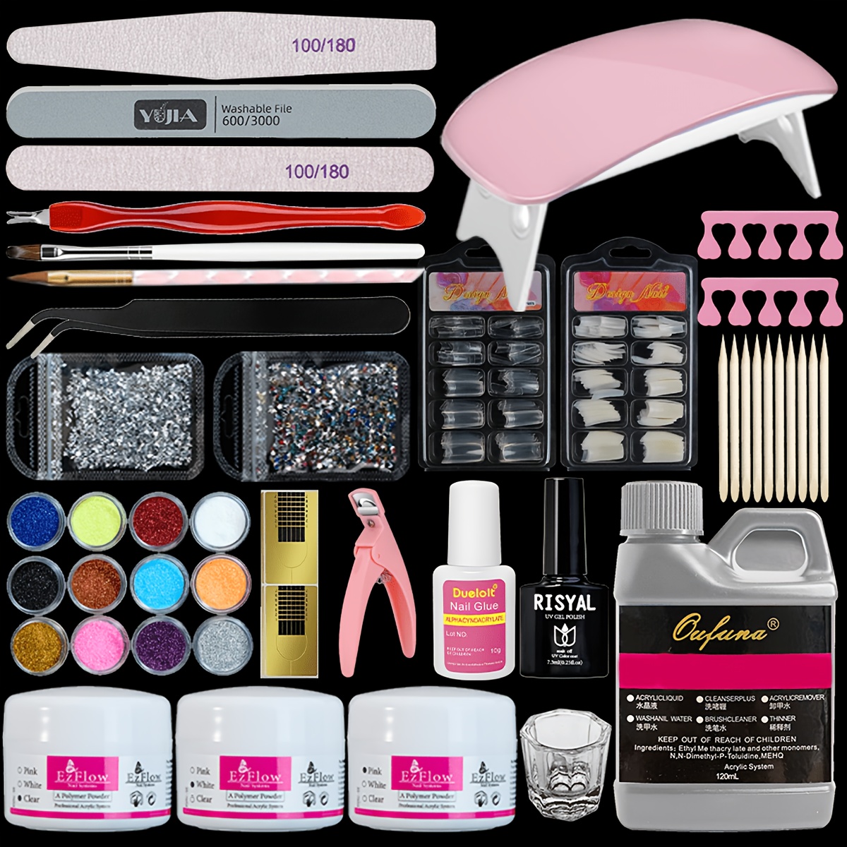 TEMU Beginner Acrylic Nail Kit, -one Starter Manicure Set With Lamp And Acrylic Powders, 200 Tips, Rhinestones And Glitters, Complete Supplies For