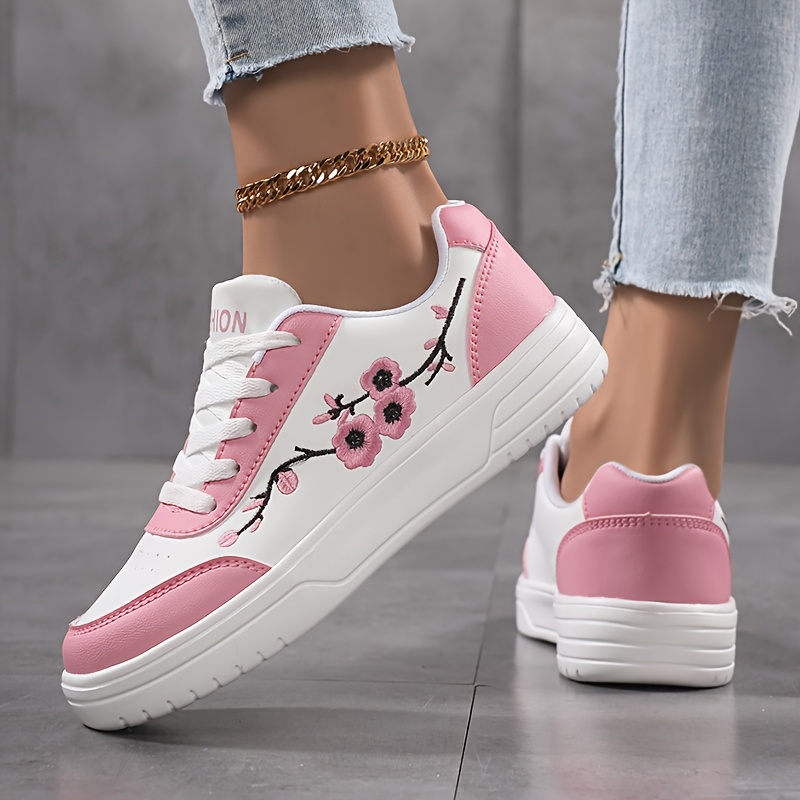 Women'* Pink Embroidered Floral Casual Sneakers Elegant Low-Top Lace-Up  Shoes with Round Toe, Synthetic Cover Upper EVA Cushioned Sole for