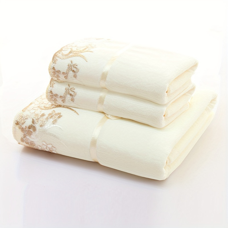 Image of 3pcs Lace Embroidered Towel Set, Household Towels, Towels Bath Towels, Bathroom Towels Absorbent Towels - 1pc Bath Towel And 2pcs Hand Towels, Bathroom Supplies